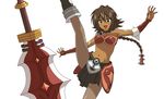  .hack//sign 1girl bandai bikini_top blue_eyes boots braid brown_hair cyber_connect_2 dark_skin detached_sleeves female leg_up loincloth long_hair midriff mimiru pixiv_manga_sample simple_background single_braid skyemerald solo sword tattoo weapon white_background 