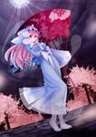  alternate_hairstyle arm_up arufa_(hourai-sugar) cherry_blossoms dutch_angle fan hat long_hair moon moonlight night pink_hair saigyouji_yuyuko saigyouji_yuyuko's_fan_design solo touhou 