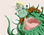  6rinne agrias_oaks all_the_way_through armor arms_behind arms_behind_back blonde_hair braid breasts corruption female final_fantasy final_fantasy_tactics green_skin huge_tongue inflation long_hair long_tongue malboro midriff monster monster_girl nipple_penetration nipples open_mouth orange_eyes pants pregnant simple_background single_braid spread_legs stomach_bulge tongue transformation what 