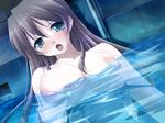  blush breast_grab breasts brown_hair game_cg green_eyes itou_hinako kantoku long_hair natsu_no_ame nipples pool swimsuit water 