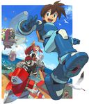  3girls aero aircraft airship armor barrett_(rockman_dash) bird brown_hair building cloud crotch_plate data_(rockman_dash) detached_sleeves goggles green_eyes ishikawa_hideki kobun multiple_boys multiple_girls official_art pink_hair red_hair rock_volnutt rockman rockman_dash rockman_dash_3 roll_caskett seagull sky teisel_bonne tron_bonne water 