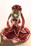  arm_ribbon bow dress frills front_ponytail green_eyes green_hair hair_bow hair_ribbon hands_together kagiyama_hina long_hair looking_at_viewer own_hands_together ribbon sitting solo touhou wariza xiao_qiang_(overseas) 