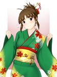  akizuki_ritsuko brown_eyes brown_hair folded_ponytail head_tilt highres idolmaster idolmaster_(classic) idolmaster_2 japanese_clothes kimono no_eyewear solo tengu_(tetuo_kun) 