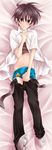  bed blush brown_eyes brown_hair covering dakimakura frown highres higurashi_no_naku_koro_ni lying maebara_keiichi male male_focus navel pants solo underwear undressing 