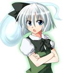  annoyed blue_eyes blush bow crossed_arms frown highres hitodama konpaku_youmu konpaku_youmu_(ghost) open_mouth shangorilla short_hair silver_hair simple_background solo touhou upper_body 