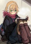  bad_id bad_pixiv_id bag bike_shorts blush book brown_hair casual character_doll chia cold contemporary earmuffs frown green_eyes leg_warmers looking_up raven_(tales) rita_mordio scarf short_hair sitting skirt solo tales_of_(series) tales_of_vesperia 