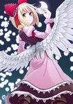  absurdres angel_wings bad_id bad_pixiv_id blonde_hair bow crescent_moon danmaku dress gengetsu hair_bow highres looking_back low_wings moon red_bow ribbon short_hair smile solo tai0201 touhou touhou_(pc-98) wings yellow_eyes 