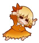  =_= aki_shizuha barefoot blonde_hair blush chibi dress full_body fusion_dance gurageida hair_ornament leaf leaf_hair_ornament leaf_on_head open_mouth pointing simple_background solo touhou 