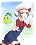  brown_eyes brown_hair cabbie_hat chikorita gen_2_pokemon hat hat_ribbon kotone_(pokemon) open_mouth pokemon pokemon_(creature) pokemon_(game) pokemon_hgss red_ribbon ribbon thighhighs twintails watashishi 