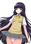  black_hair gokou_ruri hime_cut long_hair mole mole_under_eye natsuzakura_yuuki ore_no_imouto_ga_konna_ni_kawaii_wake_ga_nai panties pantyshot purple_eyes ribbon school_uniform simple_background skirt solo sweater_vest underwear very_long_hair white_panties 