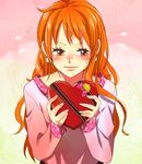  box earrings gift heart heart-shaped_box himerinco holding holding_gift jewelry lips long_hair nami_(one_piece) one_piece orange_hair solo sweatdrop valentine 