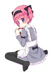  apron black_legwear blush copyright_request dress feet from_behind full_body hair_ribbon hairband kneeling looking_back maid meito_(maze) pantyhose pink_hair purple_eyes ribbon short_hair short_twintails solo twintails 