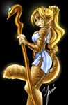  amber_eyes blonde_hair chest_tuft collar feline female hair jewelry ocelot piercing polearm pyoni ring solo staff standing yami 