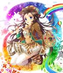  :o art_brush blue_eyes boots brown_hair colorful forehead hat highres long_hair long_sleeves mauve oekaki_musume original paintbrush palette petticoat rainbow rainbow_background skirt solo zebra 