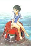  barefoot black_hair feet gonta_(kmga) head jacket legs mecha ocean one-piece_swimsuit original robot science_fiction short_hair sitting solo swimsuit water 