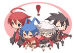  adell_(disgaea) ahoge bad_id bad_pixiv_id black_hair black_pants blue_eyes blue_hair bosutafu cape chibi disgaea glasses gloves laharl makai_senki_disgaea_2 male_focus mao_(disgaea) multiple_boys necktie pants pointy_ears red_eyes red_hair scarf sitting valvatorez_(disgaea) white_hair 