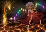  ascot barefoot blonde_hair capelet crazy flandre_scarlet glowing glowing_eye glowing_wings hat highres kuro_oolong red_eyes short_hair side_ponytail skirt solo topless torn_clothes torn_skirt touhou volcano wings 
