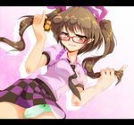  bad_id bad_pixiv_id bespectacled black_eyes blush breasts brown_eyes brown_hair cameltoe cellphone checkered checkered_skirt glasses green_panties hat himekaidou_hatate letterboxed necktie panties pantyshot phone plaid plaid_skirt pointy_ears red-framed_eyewear skirt small_breasts smile solo tama_home tokin_hat touhou twintails underwear upskirt 
