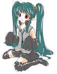  90s armpits ayako_(ginga_ojou-sama_densetsu_yuna) boots chino_kagurazaka cosplay detached_sleeves full_body ginga_ojou-sama_densetsu_yuna green_hair hatsune_miku hatsune_miku_(cosplay) headphones kneeling long_hair look-alike necktie oversized_clothes pointy_ears red_eyes sidelocks simple_background skirt sleeves_past_fingers sleeves_past_wrists solo thigh_boots thighhighs twintails vocaloid white_background zettai_ryouiki 