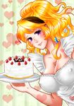  bad_id bad_pixiv_id bare_arms blonde_hair breasts cake cleavage cocopazu covered_nipples farmel_arianrhod food fruit glasses hair_ornament hairband hairpin heart large_breasts lipstick long_hair looking_at_viewer makeup mole mole_under_eye nipples purple_eyes round_eyewear smile solo wild_arms wild_arms_4 
