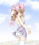  :d animal_ears artist_request ass bare_shoulders blonde_hair bow copyright_request day field flower flower_field hair_bow looking_back open_mouth panties purple_eyes ribbon sky smile solo tail tail_ribbon thighhighs underwear white_legwear 