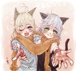  animal_ears blonde_hair blue_eyes cat_ears eila_ilmatar_juutilainen green_eyes long_hair military military_uniform multiple_girls one_eye_closed outstretched_hand ryou_(shirotsumesou) sanya_v_litvyak scarf shared_scarf short_hair silver_hair sketch strike_witches tail uniform world_witches_series 