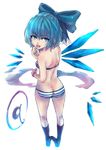  1girl ass bad_id bad_pixiv_id blue_hair blue_panties bow butt_crack cirno from_behind hair_bow highres ice large_bow looking_back nail_polish open_mouth panties panzer socks solo striped striped_background striped_panties tongue touhou underwear underwear_only watch wings wristwatch 