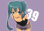  aqua_hair arms_behind_back bad_id bad_pixiv_id blue_eyes collarbone downblouse flat_chest foreshortening hatsune_miku leaning_forward long_hair sama shorts simple_background smile solo tank_top twintails vocaloid 