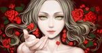  bare_shoulders blood collarbone eyelashes face flower foreshortening green_eyes hands highres lips lipstick makeup no_bra original outstretched_hand red_flower red_rose rose sifuri solo 