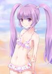  arm_hug arms_behind_back bad_id bad_pixiv_id beach bikini bikini_skirt breasts day front-tie_top holding_arm kyuri long_hair navel outdoors purple_eyes purple_hair small_breasts smile solo sophie_(tales) swimsuit tales_of_(series) tales_of_graces twintails white_bikini 