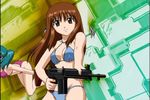  2girls aqua_hair bare_shoulders bikini breasts brown_eyes brown_hair doi_shizuha green_hair gun honjo_mikaze long_hair machine_gun multiple_girls naughty_face short_hair stratos_4 swimsuit twintails weapon 