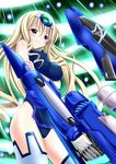  bangs bare_shoulders blonde_hair blue_eyes blue_leotard blue_tears_(infinite_stratos) blush breast_hold breasts cecilia_alcott cless_(tamaota) covered_nipples cowboy_shot curly_hair drill_hair from_side glowing grin gun hair_between_eyes halterneck headgear holding_arm impossible_clothes impossible_leotard infinite_stratos large_breasts leotard light_particles long_hair looking_to_the_side mecha_musume mechanical_arm pilot_suit science_fiction smile solo standing thighhighs turtleneck very_long_hair weapon white_legwear 