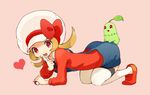  :d all_fours cabbie_hat chikorita finger_to_mouth gen_2_pokemon hat hat_ribbon heart holding holding_poke_ball kotone_(pokemon) open_mouth overalls poke_ball pokemon pokemon_(creature) pokemon_(game) pokemon_hgss rape_face red_eyes red_ribbon ribbon saburou_03 sexually_suggestive smile twintails 