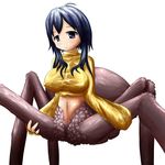  :) arachne blue_hair breasts erect_nipples insect_girl large_breasts long_hair midriff monster_girl navel purple_eyes simple_background smile spider_girl 