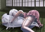  absurdres air_(artist) alternate_hairstyle bare_shoulders closed_eyes ghost hairband highres hug konpaku_youmu konpaku_youmu_(ghost) long_hair moonlight nightgown open_mouth silver_hair sleeping solo strap_slip tatami thighs touhou 