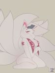  2019 anthro blush breasts canid canine digital_media_(artwork) disembodied_hand duo electrycpynk eyes_closed female fox fur inner_ear_fluff kneeling mammal markings multi_tail navel neck_tuft nipple_outline nude petting red_markings signature simple_background solo tongue tongue_out tuft white_fur 