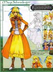  belt blonde_hair blue_eyes boots bow character_name collar cosplay dress dual_persona full_body gloves hand_on_hip hat high_heels jacket long_hair maya_schrodinger official_art ooba_wakako orange_dress ponytail ribbon scan scan_artifacts shoes short_hair sketch smile wild_arms wild_arms_3 witch witch_hat 