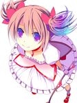  bad_id bad_pixiv_id blue_eyes bow bow_(weapon) bubble_skirt dress face from_above hair_bow highres kaname_madoka looking_up magical_girl mahou_shoujo_madoka_magica multicolored multicolored_eyes pink_eyes pink_hair purple_eyes shoes skirt smile solo temari_(deae) twintails weapon 