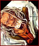  bad_id bad_pixiv_id beard border copyright_name face facial_hair glasses highres long_hair male_focus old_man one_piece red_border scar silvers_rayleigh smile tsuyomaru 