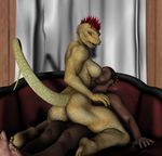  breasts cowgirl cowgirl_position dinosaur dragon female human interspecies male mammal nude on_top penetration raptor scalie sex sofa straddling straight tail vic34677 