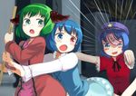  animal_ears armpit_peek bamboo_broom blue_eyes blue_hair blush broom dress gigokku green_eyes green_hair hat heterochromia highres kasodani_kyouko miyako_yoshika multiple_girls ofuda open_mouth outstretched_arms red_eyes running scared short_hair smile star tatara_kogasa tears touhou you_gonna_get_raped zombie_pose 