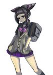  backpack bag black_hair drill_hair hair_ornament hairpin han_juri hands_in_pockets legs pout purple_eyes ribbon riry school_uniform skirt solo street_fighter street_fighter_iv_(series) thighhighs twin_drills zettai_ryouiki 