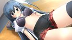  black_hair blue_eyes blush bra game_cg ikegami_akane open_shirt saran_takamizawa seifuku skirt thighhighs underwear with_ribbon 