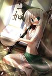  barefoot blue_eyes blush flower ghost hairband hitodama konpaku_youmu konpaku_youmu_(ghost) no_shirt sarashi scabbard scarlet_(studioscr) sheath short_hair silver_hair sitting skirt solo sword tassel touhou wariza weapon white_hair 