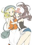  ass bag bel_(pokemon) blonde_hair blush breasts brown_hair commentary_request dress hug large_breasts long_hair medium_hair multiple_girls pantyhose pokemon pokemon_(game) pokemon_bw short_shorts shorts simple_background smile touko_(pokemon) xxvsxx yuri 