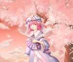  breasts cherry_blossoms fan folding_fan ghost hat insurance japanese_clothes medium_breasts pink_eyes pink_hair saigyouji_yuyuko solo sunset touhou 