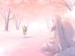  1girl barefoot cherry_blossoms child from_behind fur inuyasha japanese_clothes kimono long_hair pale_color pink pointy_ears rin_(inuyasha) sesshoumaru signature smile tokiko_(psychopomp) tree white_hair 