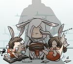  altair_ibn_la-ahad animal_ears assassin's_creed assassin's_creed_(series) assassin's_creed_ii brown_hair bunny_ears desmond_miles ezio_auditore_da_firenze hood male_focus multiple_boys open_mouth ren_(dokyakutu) robe 