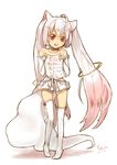  ahoge bare_shoulders bin_tang_li choker contract elbow_gloves gloves gradient_hair kyubey long_hair mahou_shoujo_madoka_magica make_a_contract male_focus multicolored_hair otoko_no_ko paper personification red_eyes skirt solo tail thighhighs translated 