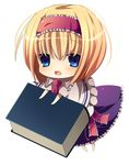  alice_margatroid ascot bad_id bad_pixiv_id blonde_hair blue_eyes blush book capelet chibi dress hair_ornament hairband highres open_mouth rairateru short_hair simple_background solo touhou white_background 